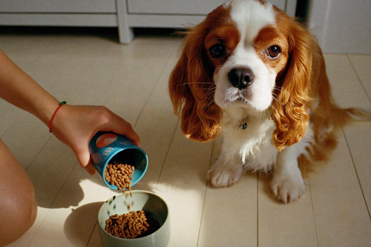 A measured cup of kibble poured into a ceramic bowl while a Cavalier waits politely