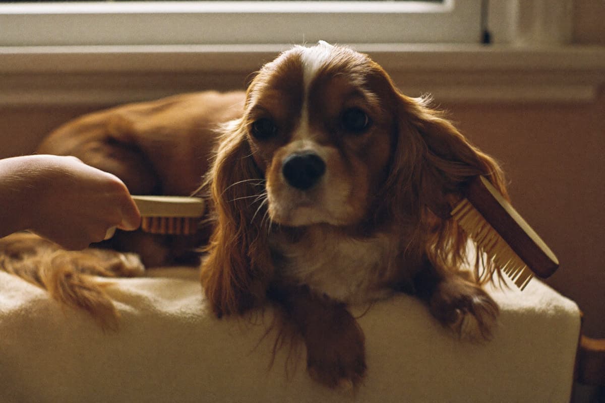 Gentle hands brushing the long ears of a relaxed ruby Cavalier