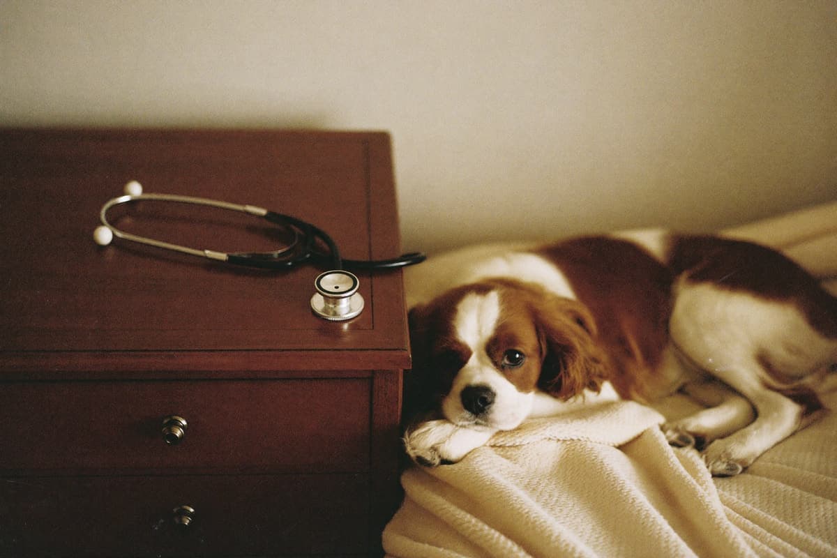 A stethoscope resting on a side table beside a calm, relaxed Cavalier