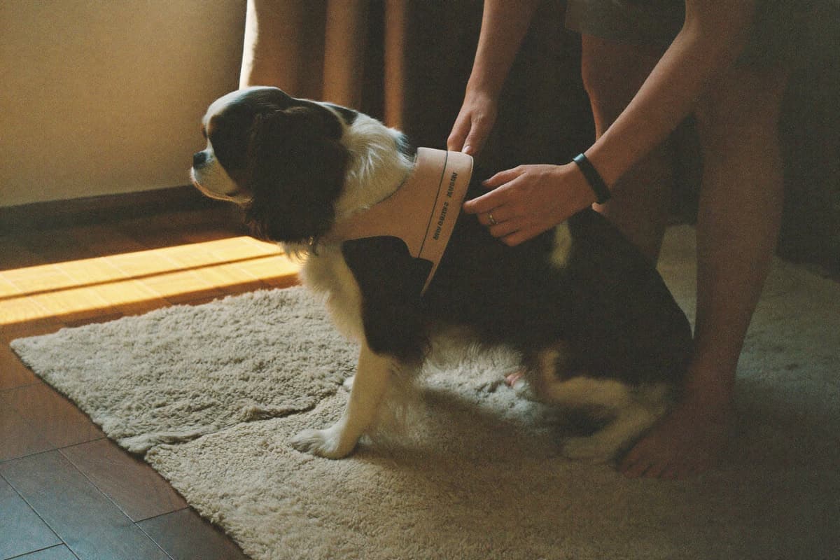 Gentle hands fitting a soft padded harness on a tricolor Cavalier