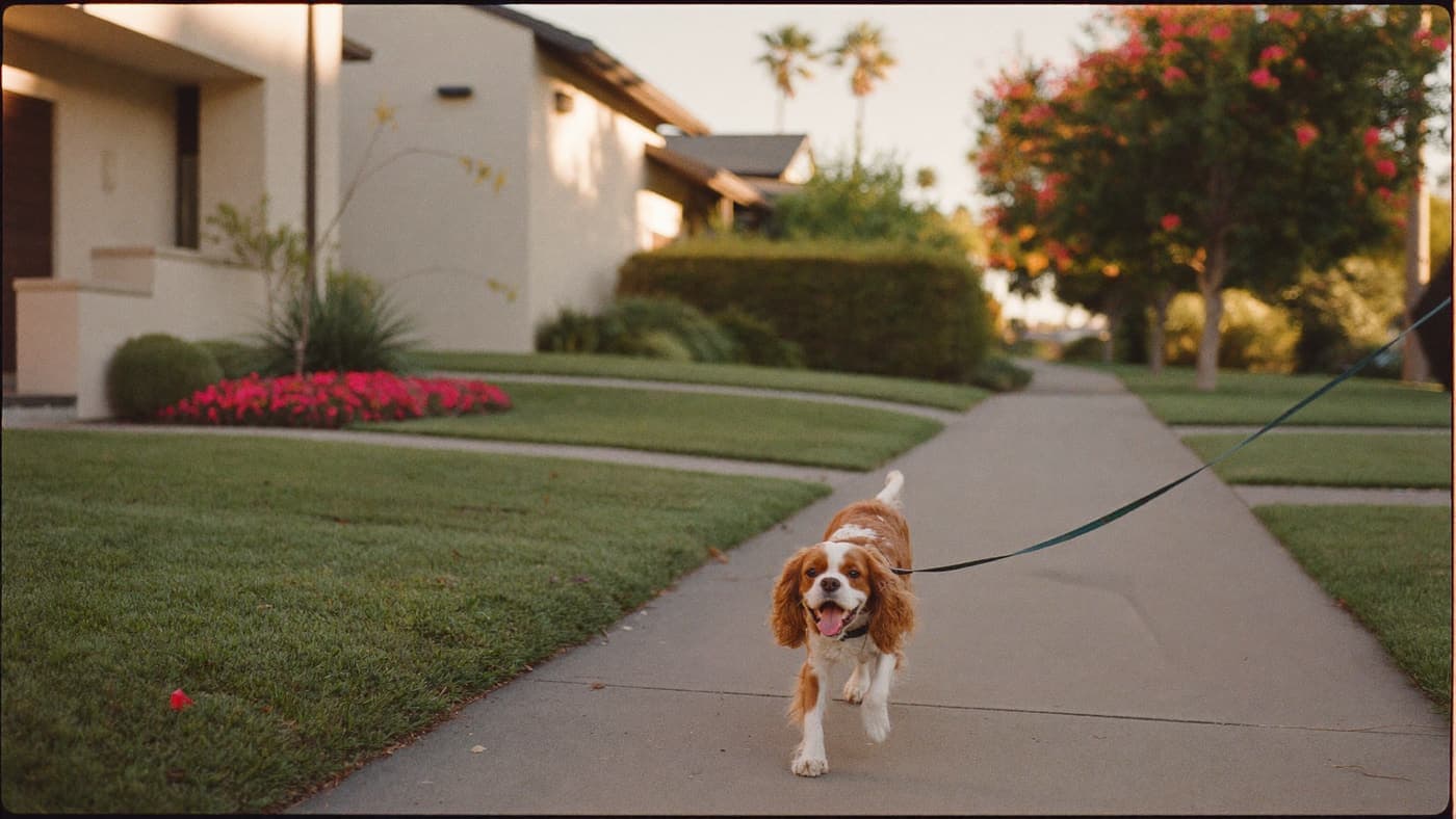 A Blenheim Cavalier trotting along a landscaped greenbelt path between cream homes