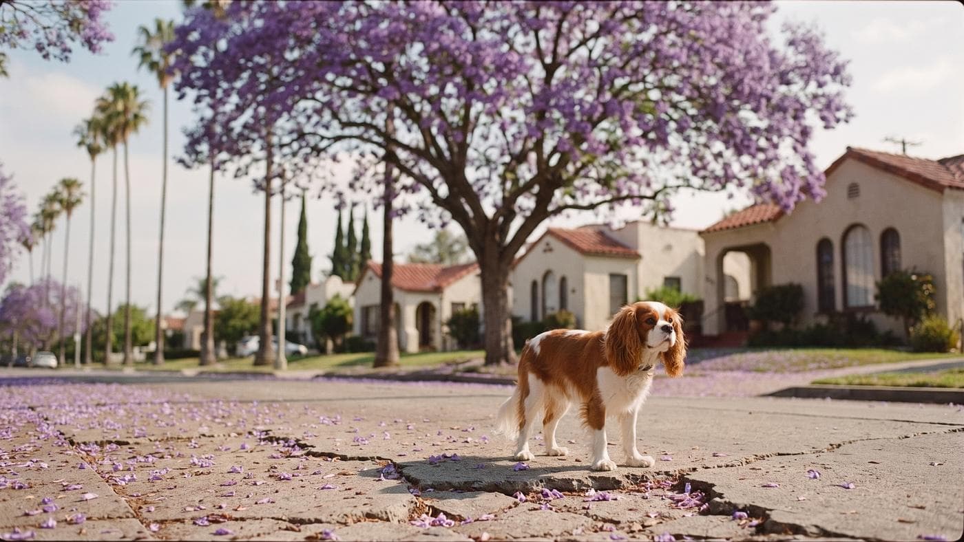 A Blenheim Cavalier standing on a sidewalk strewn with jacaranda blossoms outside Spanish-revival bungalows