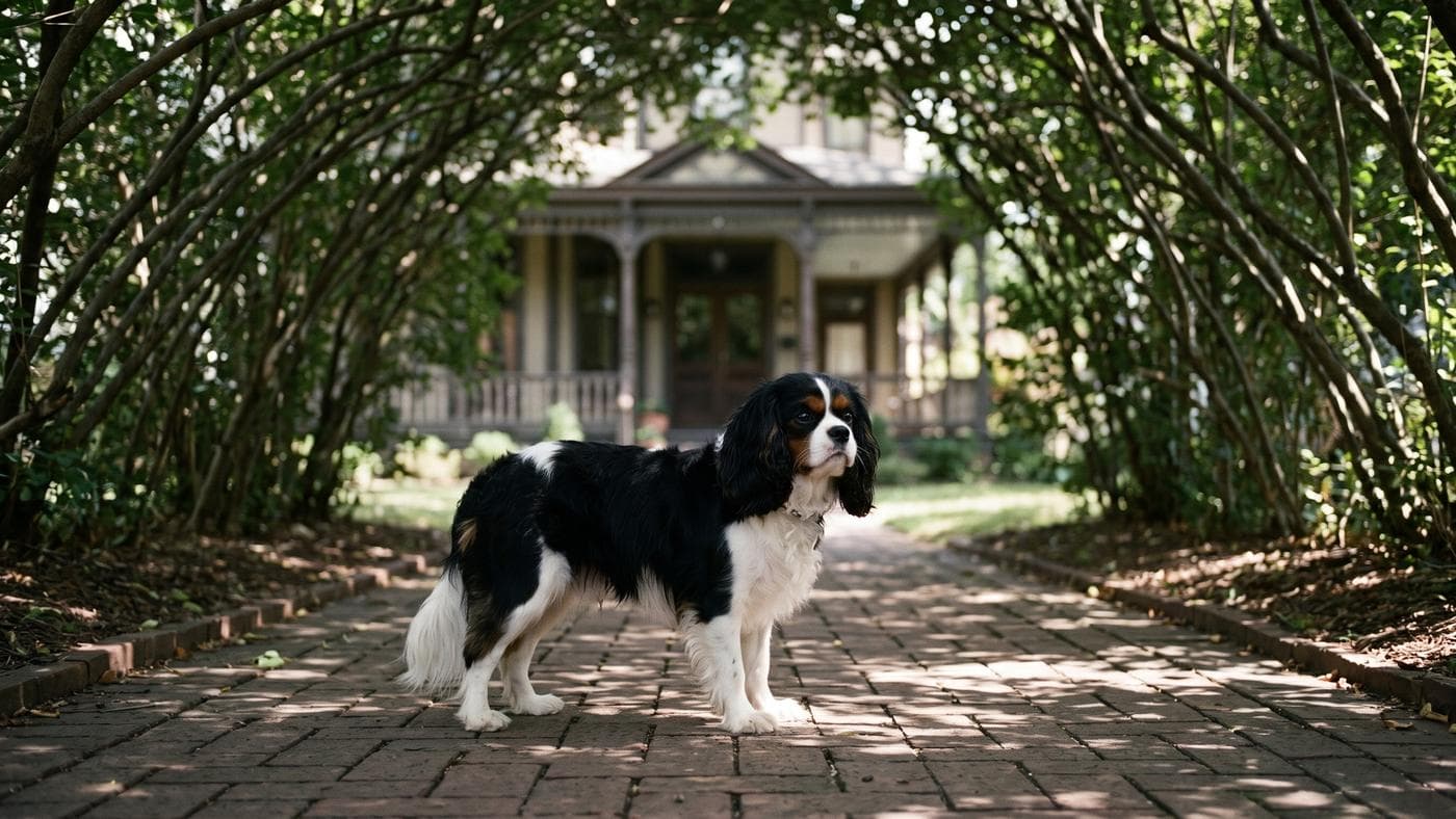 A tricolor Cavalier on a brick path under an arching tree canopy, a Victorian porch behind