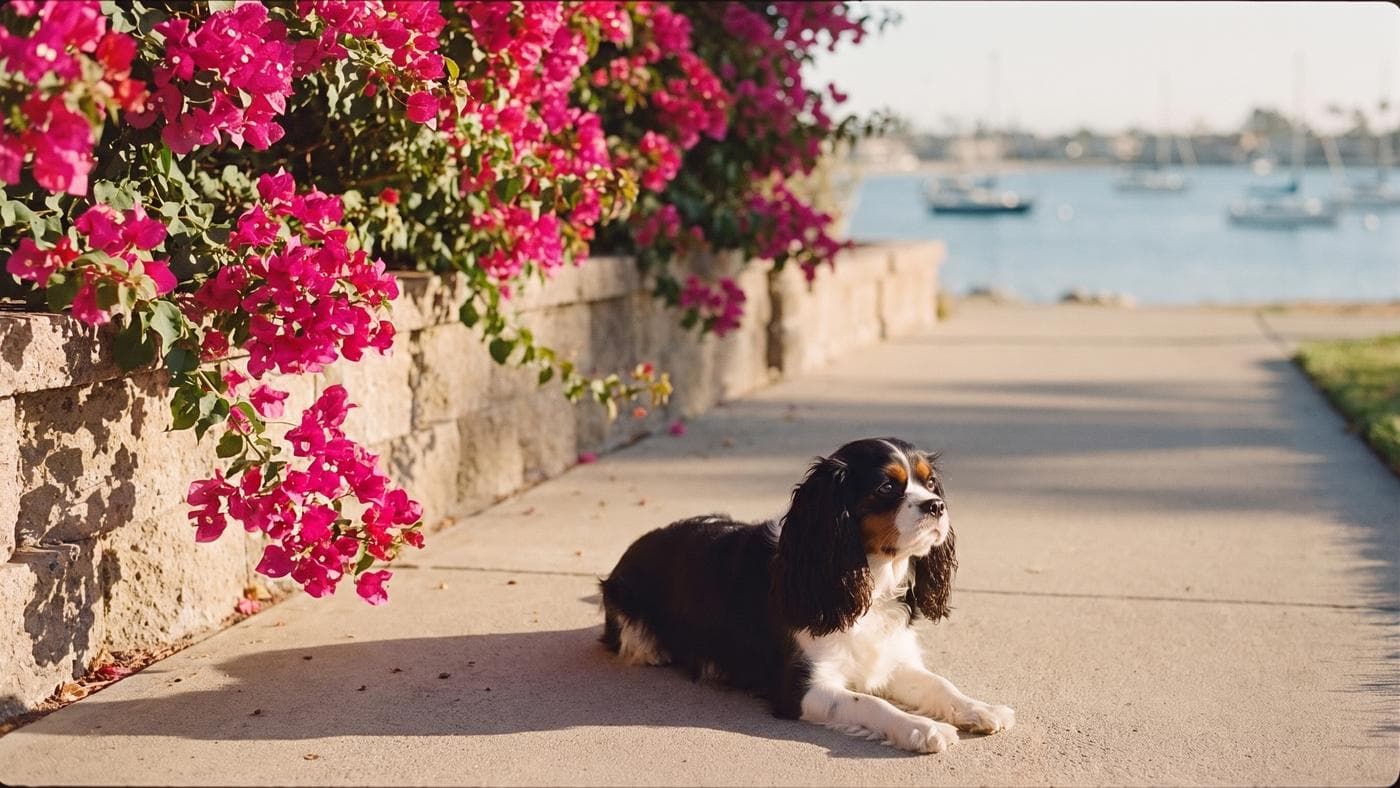 A tricolor Cavalier lying on a coastal path beneath bougainvillea, sailboats moored in the bay behind