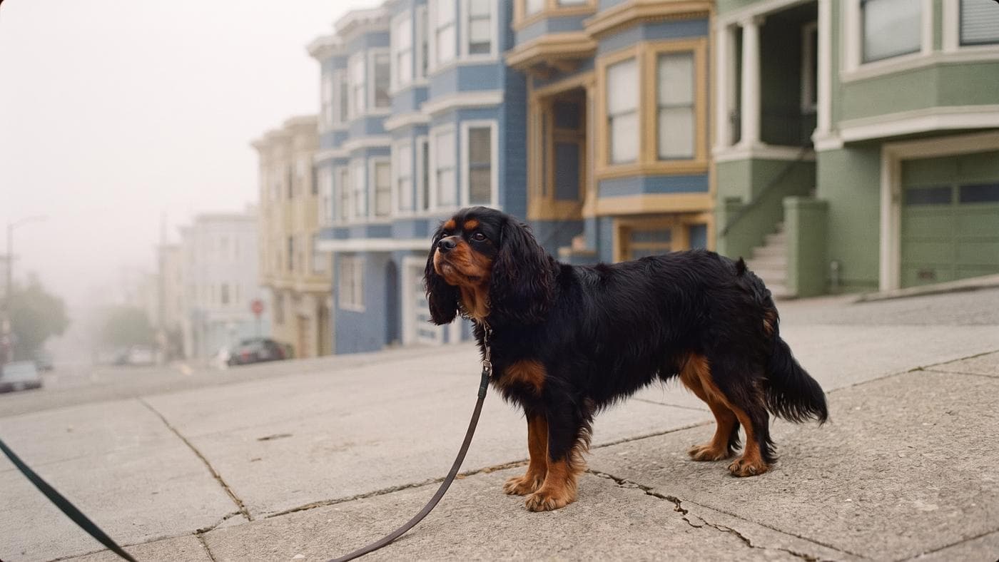 A black and tan Cavalier on the sidewalk of a steep street of painted Victorians in soft fog