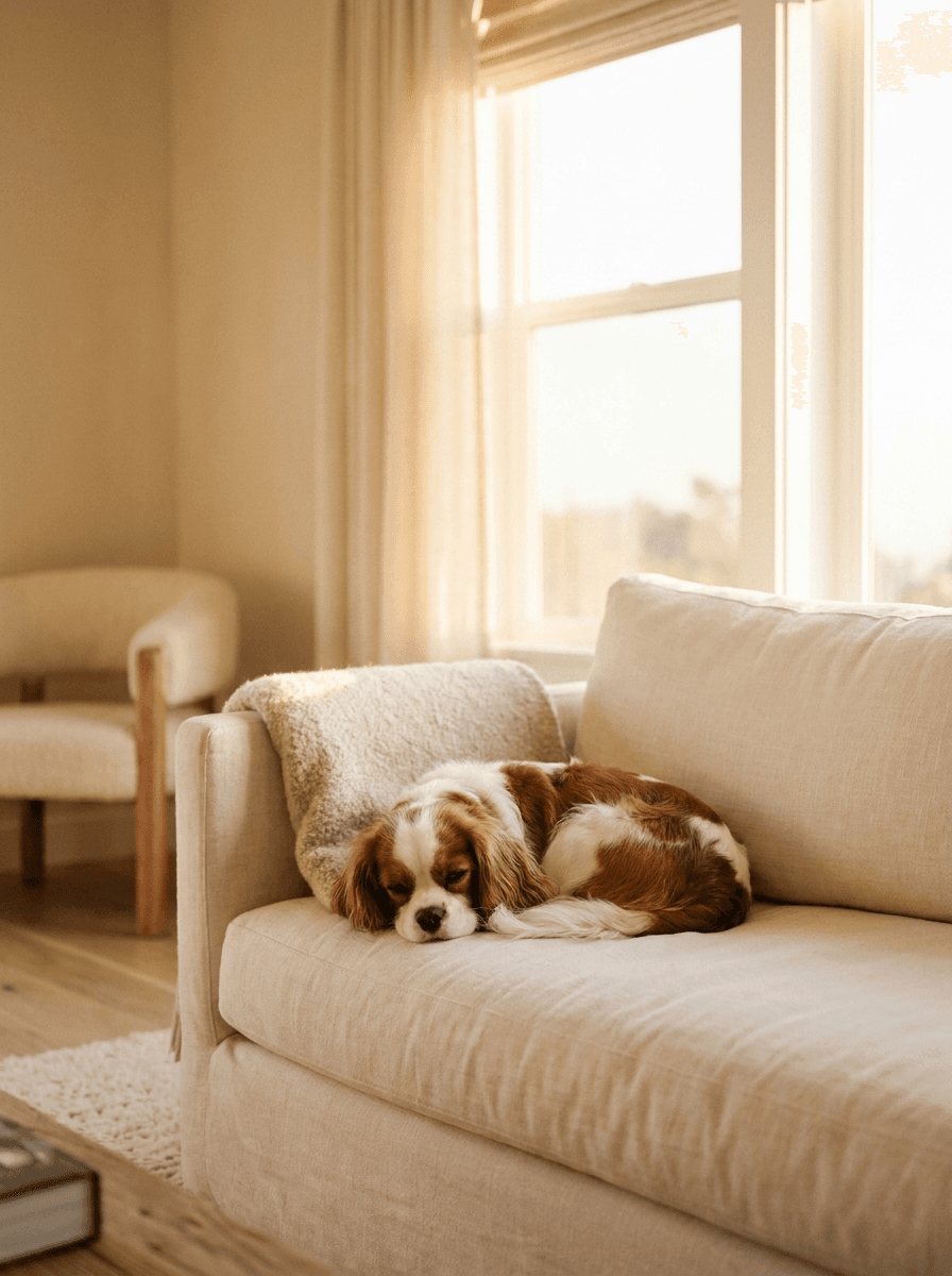 A Cavalier King Charles Spaniel curled up on a sofa in warm evening light