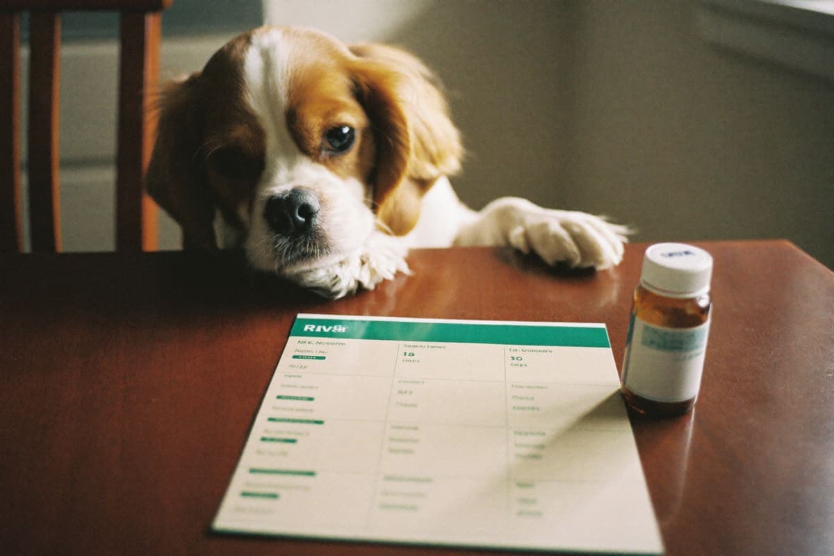 A weekly pill organizer and medicine bottle on a kitchen table, a Cavalier resting behind