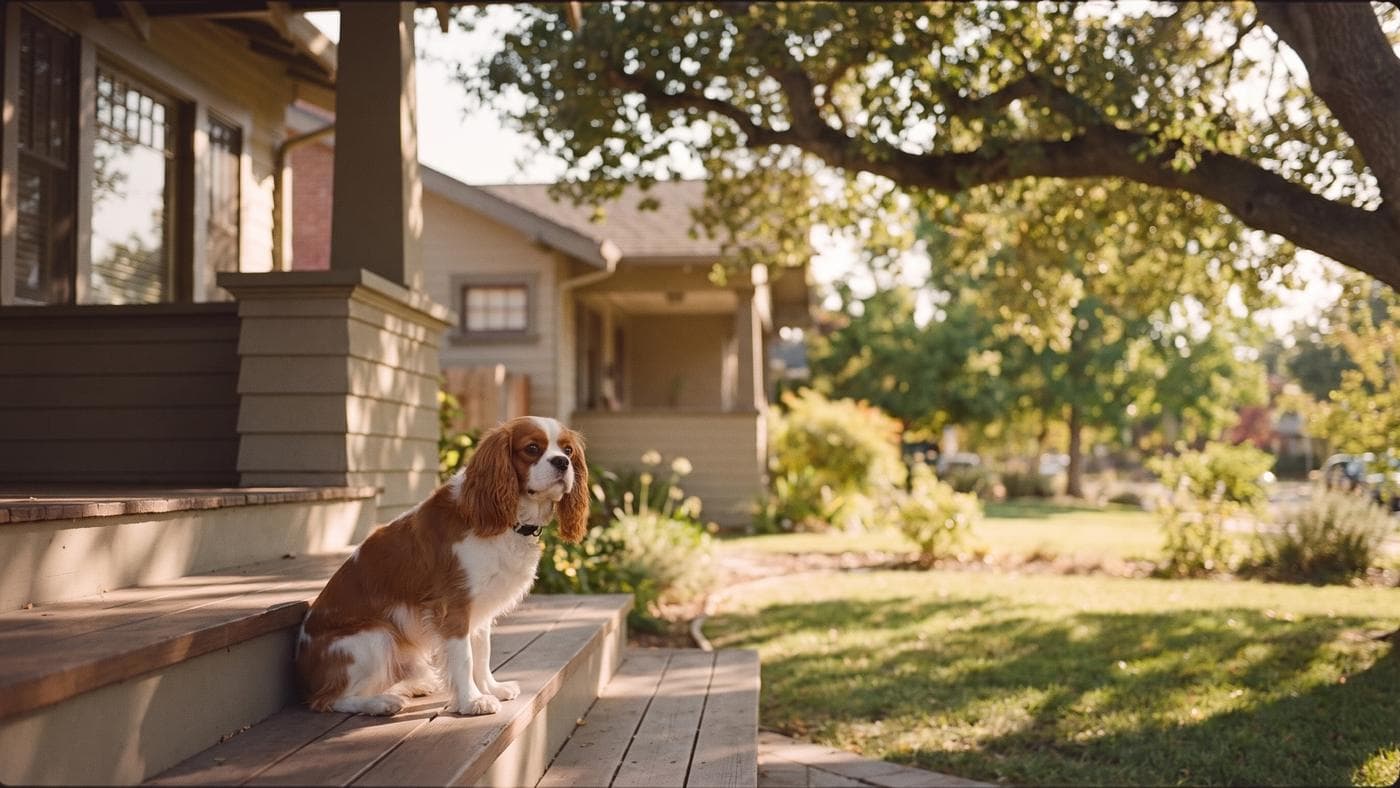 A Blenheim Cavalier sitting on the porch steps of a craftsman bungalow under a spreading oak