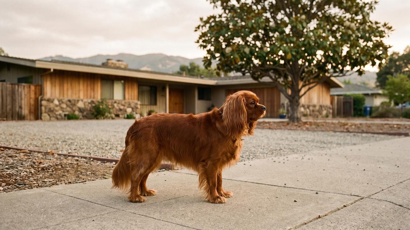 A ruby Cavalier standing outside a low mid-century ranch house with dry foothills behind