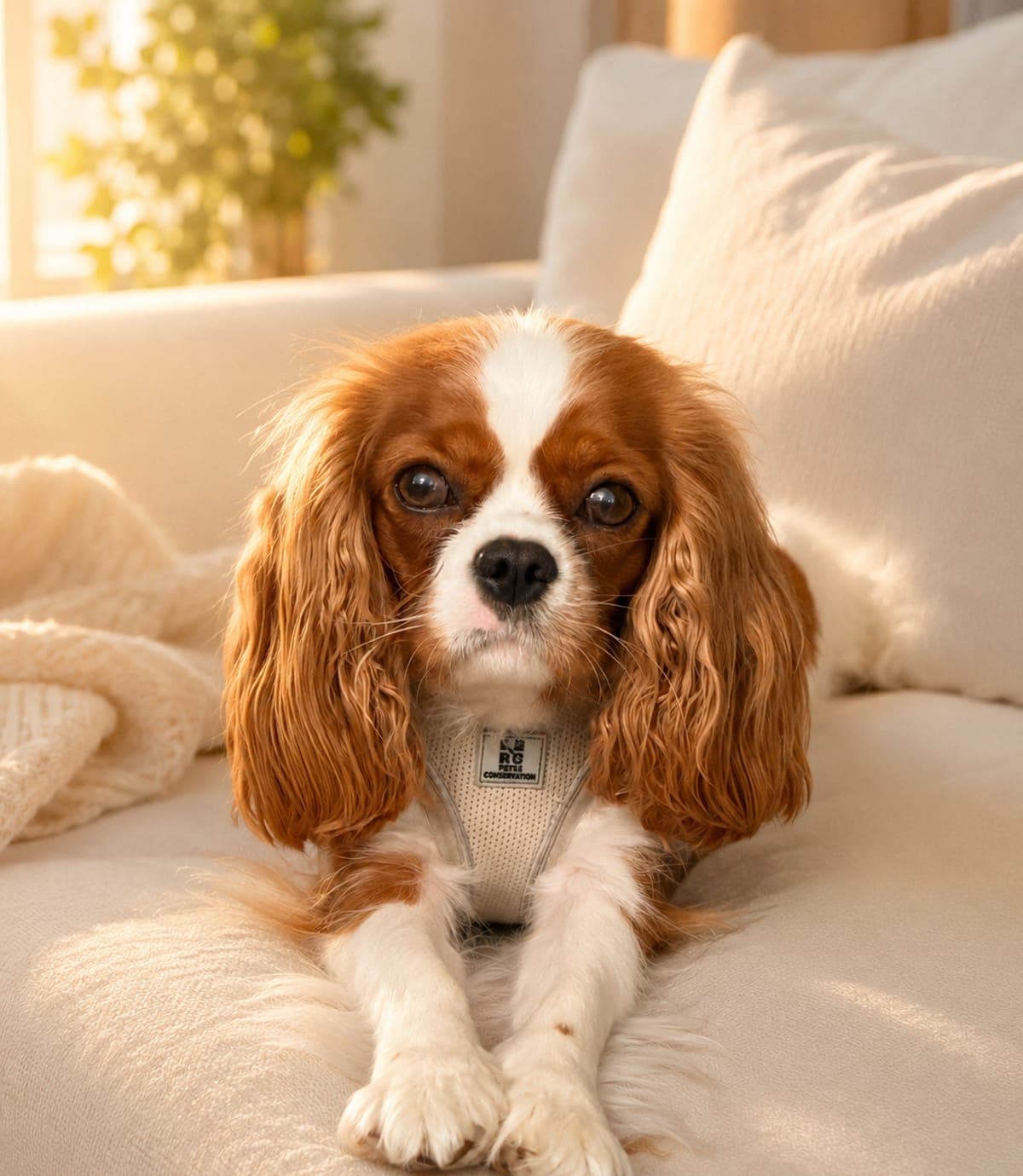 Lily, a Blenheim Cavalier, lying on a cream sofa in warm golden light